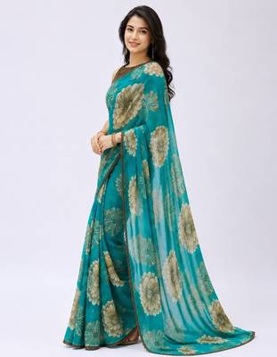 Rama color weightless floral printed sarees with unstitched blouse 2