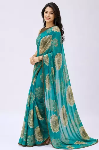 Rama color weightless floral printed sarees with unstitched blouse
