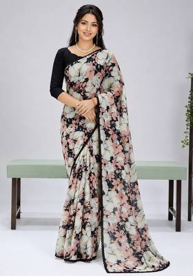 Black color weightless floral printed sarees with unstitched blouse 1