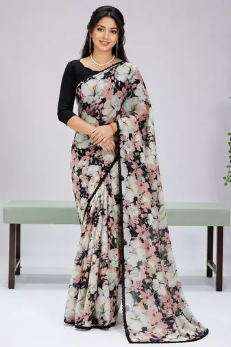 Black color weightless floral printed sarees with unstitched blouse