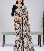 Black color weightless floral printed sarees with unstitched blouse