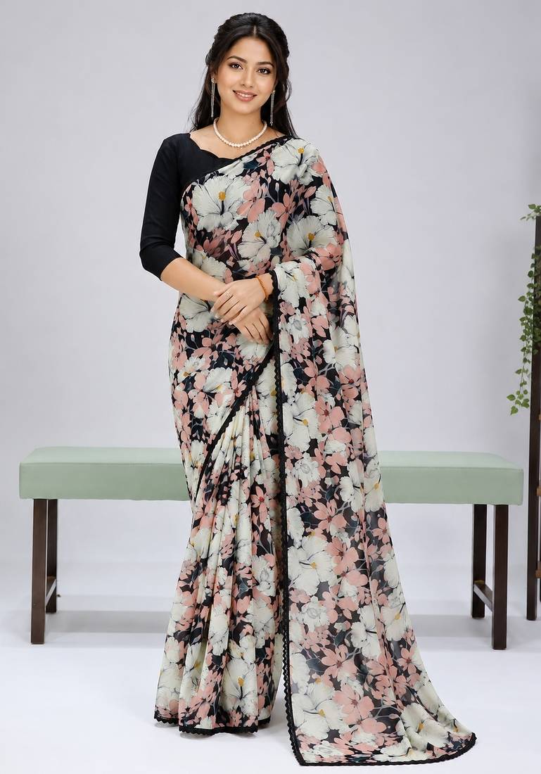 Black color weightless floral printed sarees with unstitched blouse