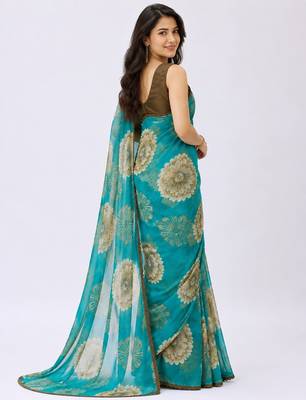 Rama color weightless floral printed sarees with unstitched blouse 3