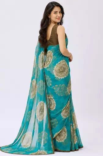 Rama color weightless floral printed sarees with unstitched blouse