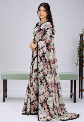 Black color weightless floral printed sarees with unstitched blouse 2