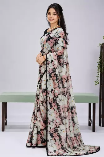 Black color weightless floral printed sarees with unstitched blouse