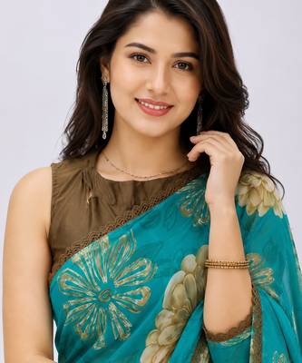 Rama color weightless floral printed sarees with unstitched blouse 4