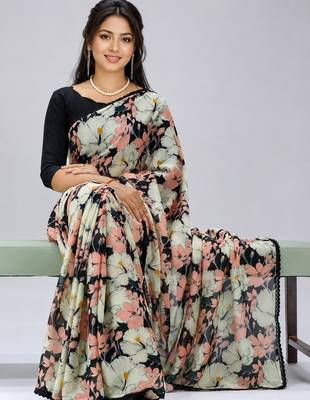 Black color weightless floral printed sarees with unstitched blouse 3