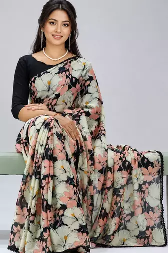 Black color weightless floral printed sarees with unstitched blouse