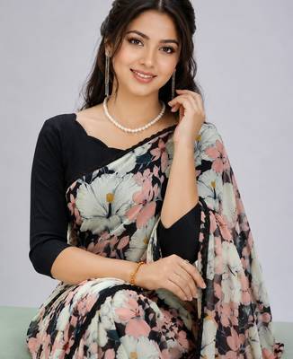 Black color weightless floral printed sarees with unstitched blouse 4