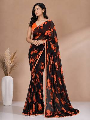 Black all over floral printed with premium lace border saree 1