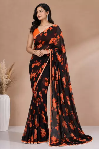 Black all over floral printed with premium lace border saree