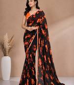 Black all over floral printed with premium lace border saree