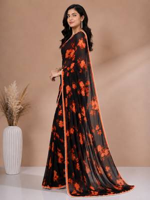 Black all over floral printed with premium lace border saree 2