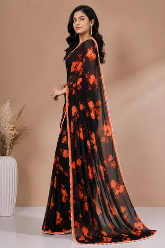 Black all over floral printed with premium lace border saree