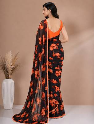 Black all over floral printed with premium lace border saree 3