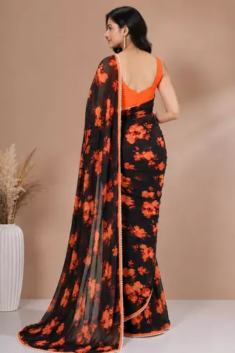 Black all over floral printed with premium lace border saree