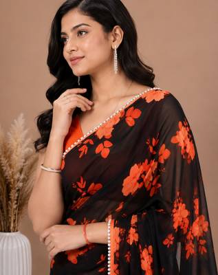 Black all over floral printed with premium lace border saree 4
