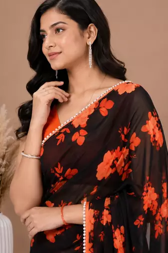 Black all over floral printed with premium lace border saree