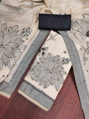 Beige banarasi cotton woven design unstitched dress material. 1