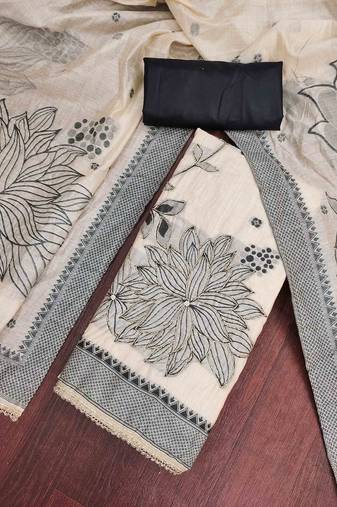 Beige banarasi cotton woven design unstitched dress material.