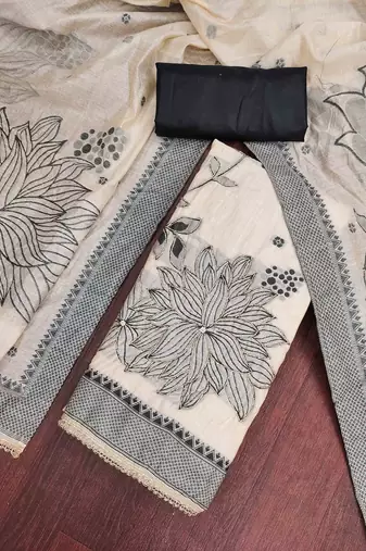 Beige banarasi cotton woven design unstitched dress material.