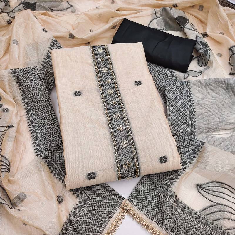 Beige banarasi cotton woven design unstitched dress material.