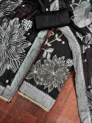 Black banarasi cotton woven design unstitched dress material. 1