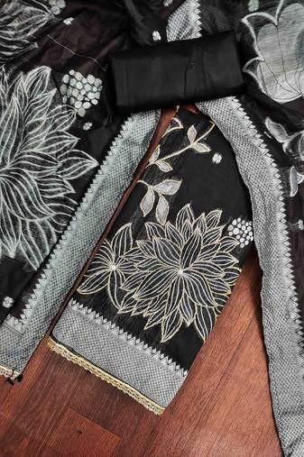 Black banarasi cotton woven design unstitched dress material.