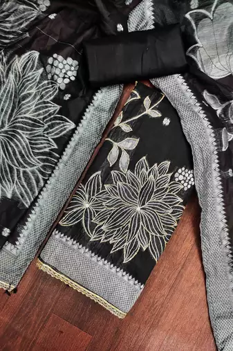 Black banarasi cotton woven design unstitched dress material.