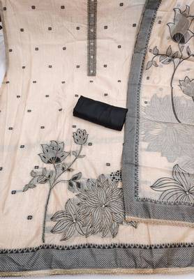 Beige banarasi cotton woven design unstitched dress material. 3