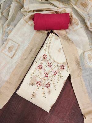 Cream banarasi cotton woven design unstitched dress material. 1