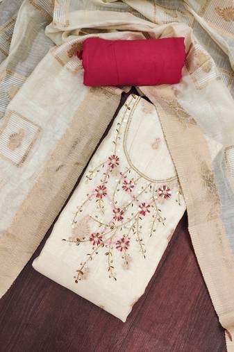Cream banarasi cotton woven design unstitched dress material.