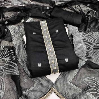 Black banarasi cotton woven design unstitched dress material. 2