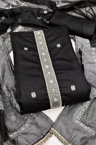 Black banarasi cotton woven design unstitched dress material.
