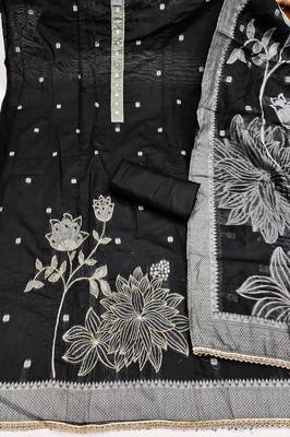 Black banarasi cotton woven design unstitched dress material. 3