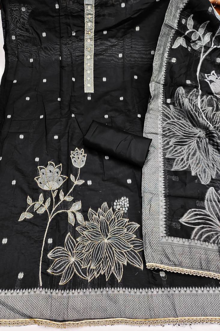 Black banarasi cotton woven design unstitched dress material.