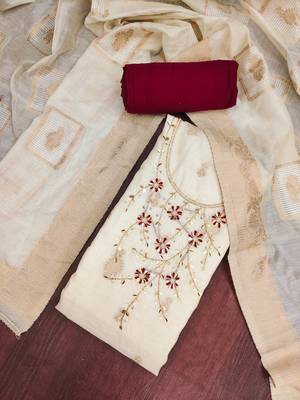 Cream banarasi cotton woven design unstitched dress material. 1