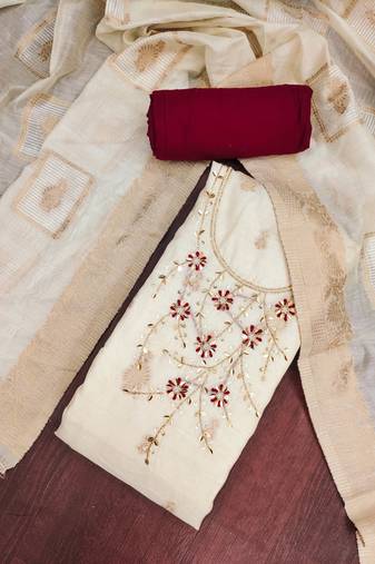 Cream banarasi cotton woven design unstitched dress material.
