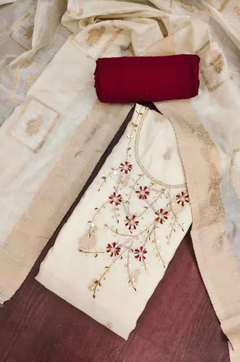 Cream banarasi cotton woven design unstitched dress material.