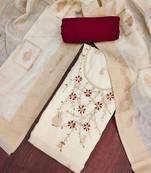 Cream banarasi cotton woven design unstitched dress material.
