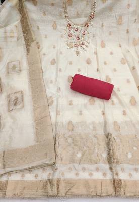Cream banarasi cotton woven design unstitched dress material. 3