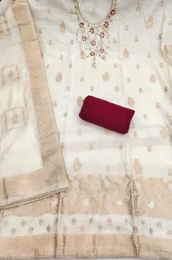 Cream banarasi cotton woven design unstitched dress material.