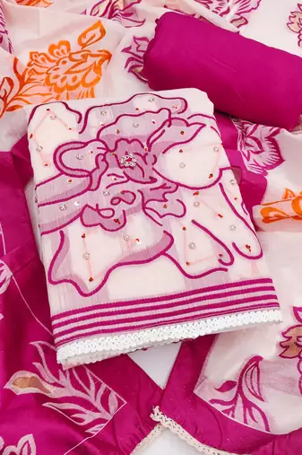Off white banarasi cotton woven design unstitched dress material.