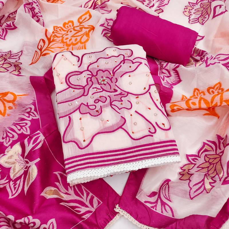 Off white banarasi cotton woven design unstitched dress material.