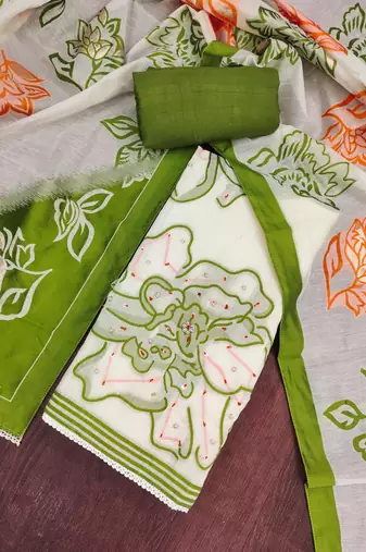 Off white banarasi cotton woven design unstitched dress material.