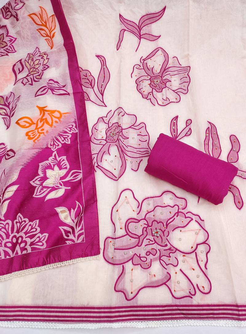 Off white banarasi cotton woven design unstitched dress material.