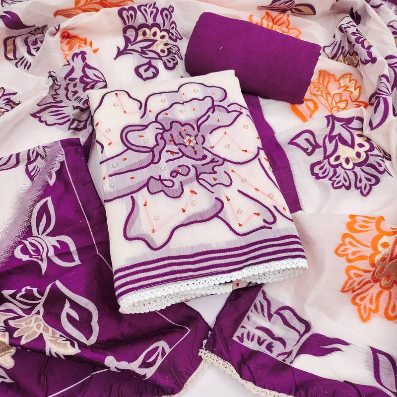 Off white banarasi cotton woven design unstitched dress material.