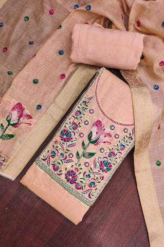 Peach banarasi cotton woven design unstitched dress material.