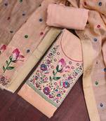 Peach banarasi cotton woven design unstitched dress material.